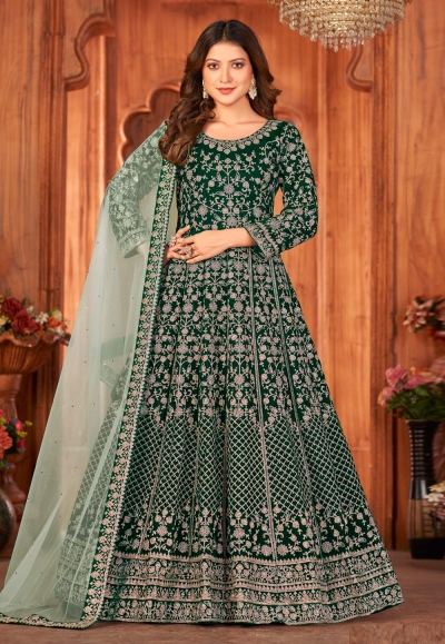 Green velvet long anarkali suit 4901