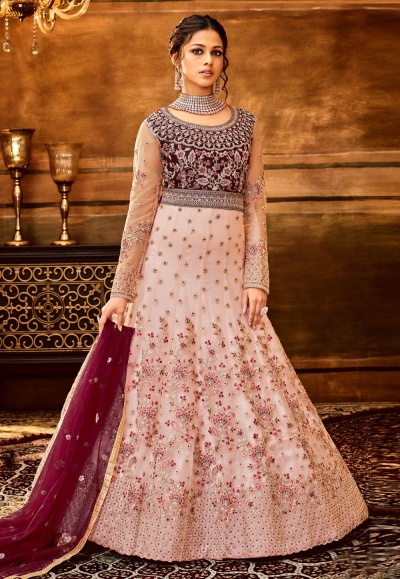 Pink net abaya style anarkali suit 7922