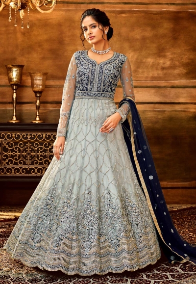 Grey net long anarkali suit 7925