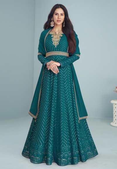 Teal faux georgette long anarkali suit 9291B