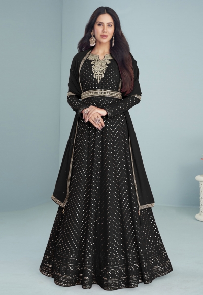 Black faux georgette abaya style anarkali suit 9291E