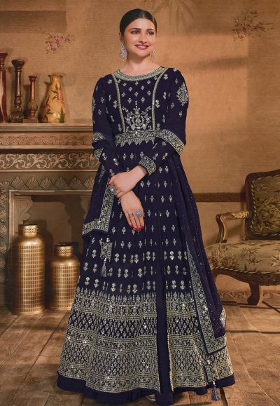 Prachi desai navy blue georgette long anarkali suit 158675