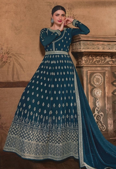 Prachi desai teal georgette long anarkali suit 158677