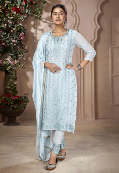 Sky blue georgette pant style suit 2606