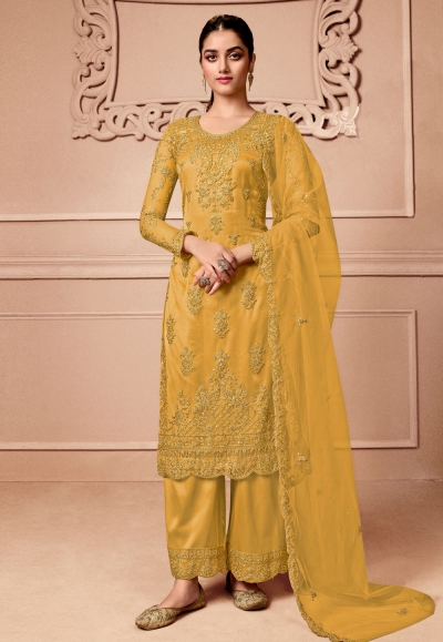 Mustard net palazzo suit 3504