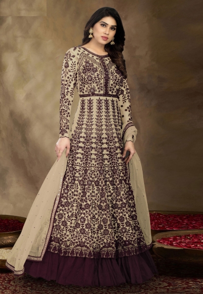 Beige net abaya style anarkali suit 1002B