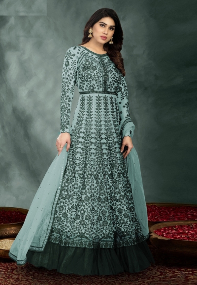 Sea green net long anarkali suit 1002C