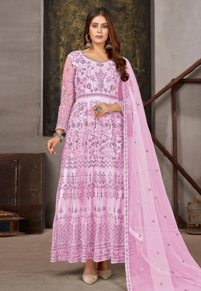 Pink net long anarkali suit 1008