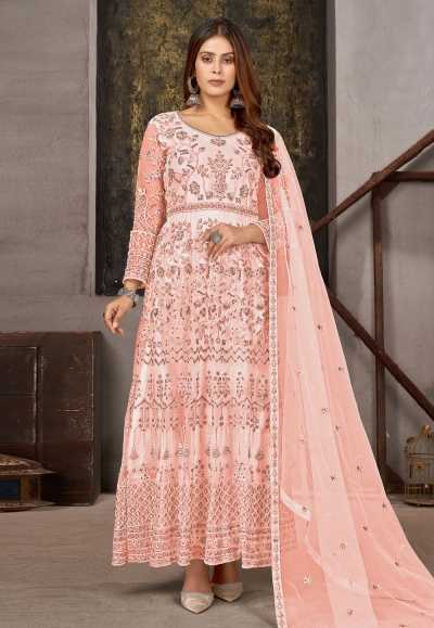 Peach net ankle length anarkali suit 1009