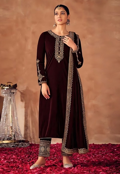 Maroon velvet pakistani suit 8100B