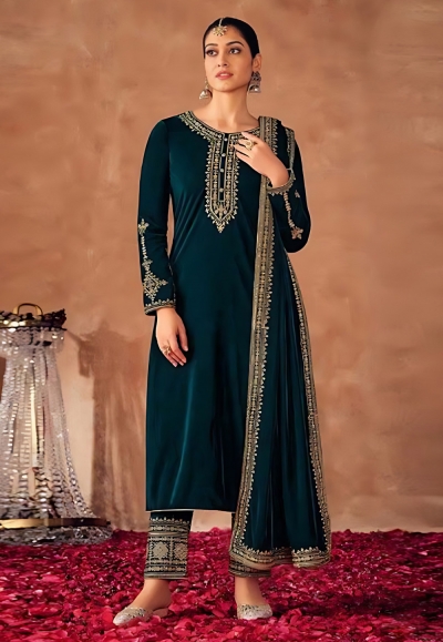 Teal velvet pakistani suit 8100D