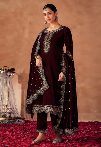 Maroon color velvet pant style suit 4100C