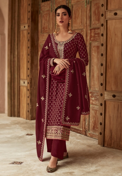 Maroon silk pakistani suit 9443