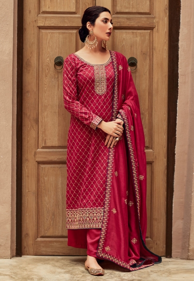 Magenta silk pant style suit 9446