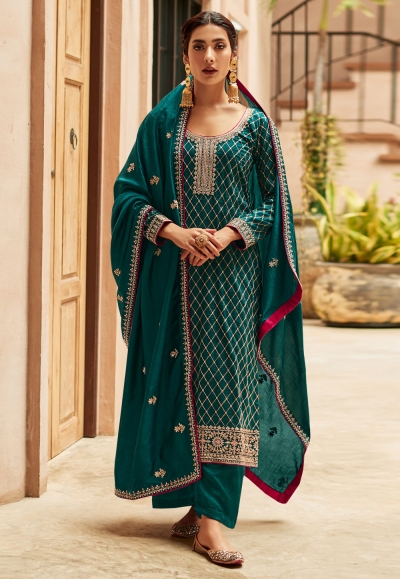 Teal silk pant style suit 9444