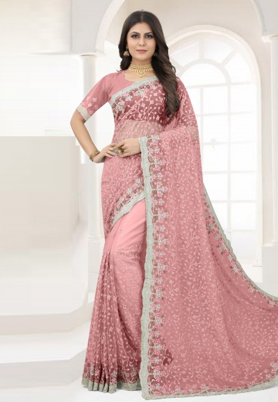 Pink net saree with blouse 6370