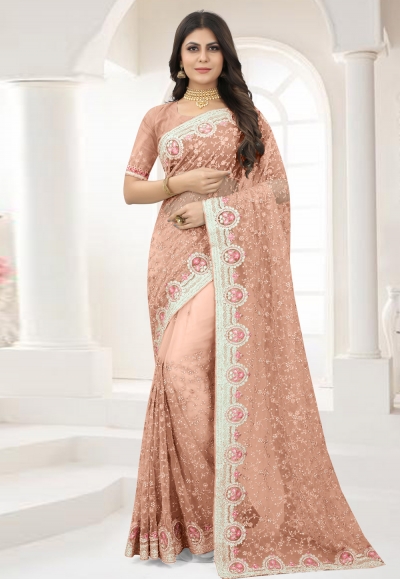 Peach net saree with blouse 6362