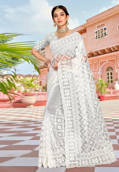 Off white net saree with blouse outlet