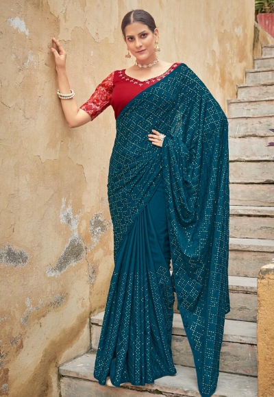 Teal chinon saree with blouse 5427