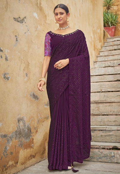 Purple chinon saree with blouse 5428