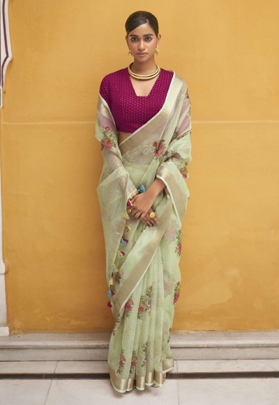 Pista green organza saree with blouse 2001