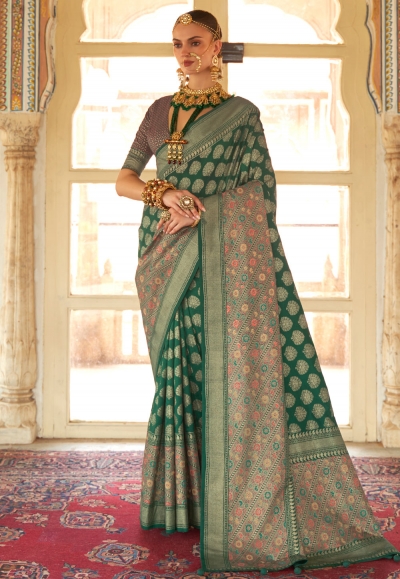 Green silk saree with blouse 484B