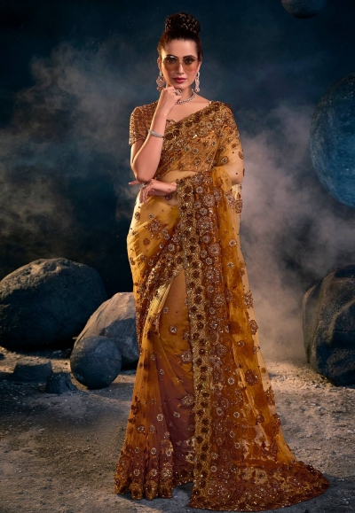 Mustard net saree with blouse 6317