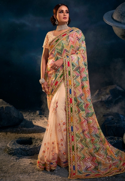 Net Saree with blouse in Peach colour 6308