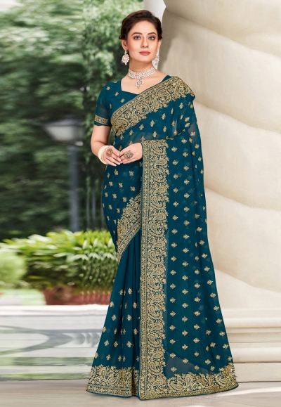 Georgette Saree with blouse in Teal colour 6459