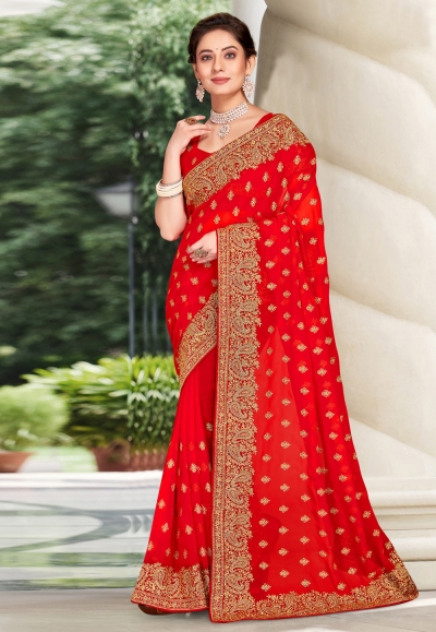 Georgette Saree with blouse in Red colour 6452