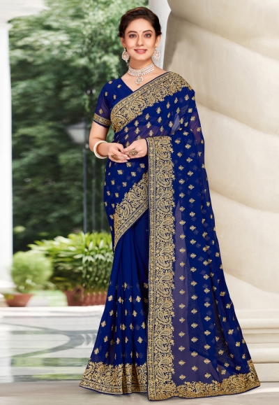 Georgette Saree with blouse in Blue colour 6456