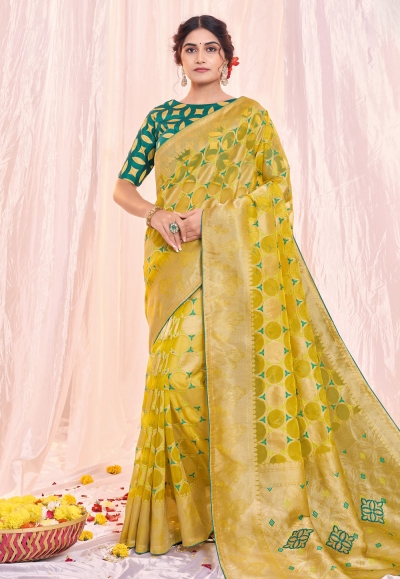 Organza Saree with blouse in Yellow colour 42509