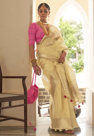 Organza Saree with blouse in Light yellow colour 2035