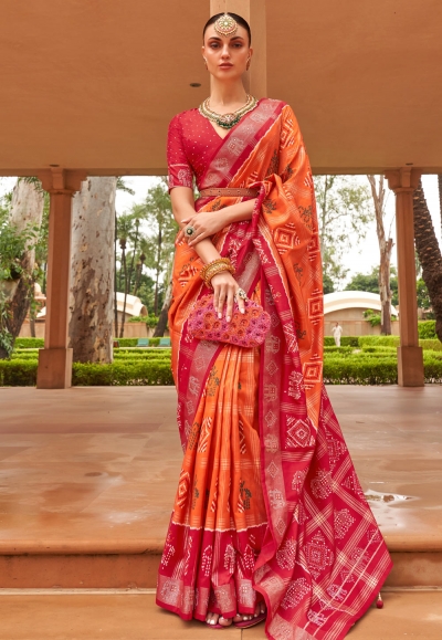 Patola silk Saree with blouse in Orange colour 621