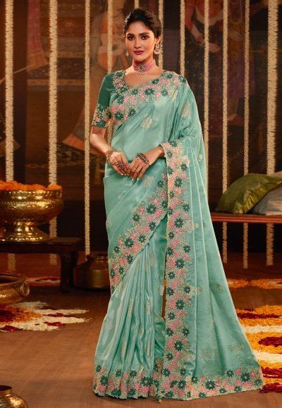 Viscose Saree with blouse in Aqua colour 7607