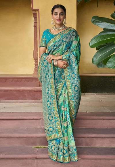 Silk Saree with blouse in Aqua colour 5509