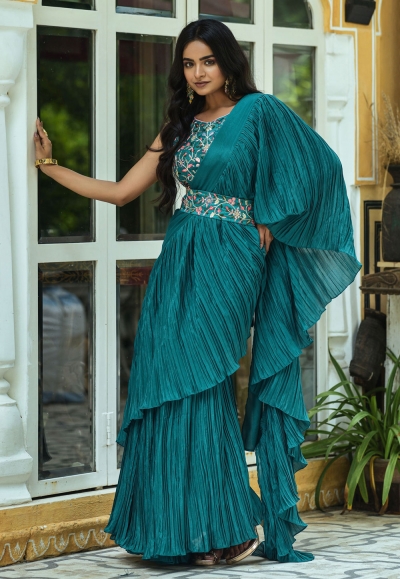 Georgette designer Saree with blouse in Teal colour ACU7621