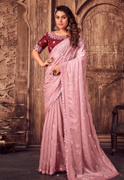 Satin silk Saree with blouse in Pink colour 6562