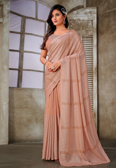 Organza Saree with blouse in Peach colour 6576