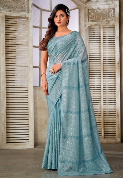 Organza Saree with blouse in Sky blue colour 6577