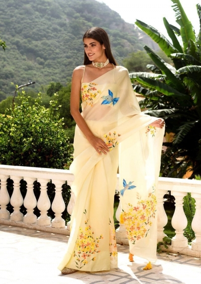 Bollywood Model Yellow Pure Organza hand work saree