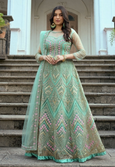 Sea green net long anarkali suit 1002