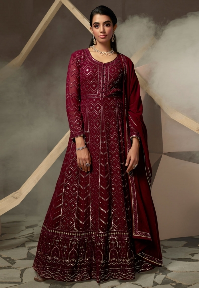 Maroon Pant Style Anarkali Suit Set