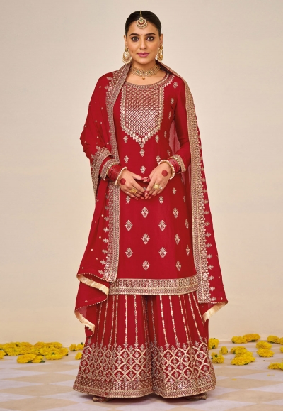 Red faux georgette palazzo suit 1499A