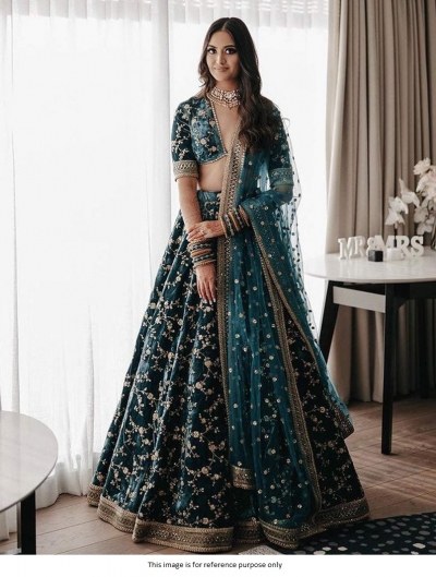 Bollywood Sabyasachi Inspired Velvet Teal wedding lehenga