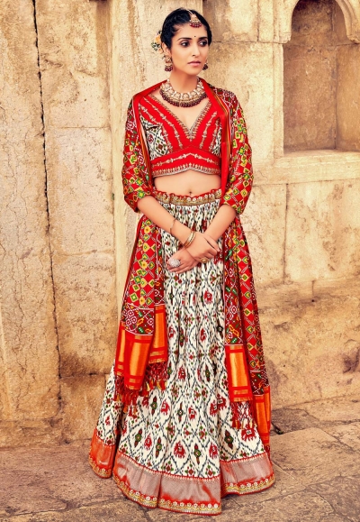 Silk readymade a line lehenga choli in Off white colour 8009