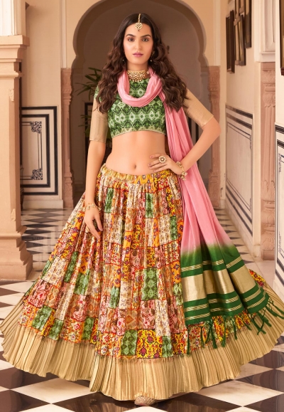 Satin silk circular lehenga choli in Yellow colour 702