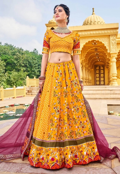 Silk circular lehenga choli in Yellow colour 157397