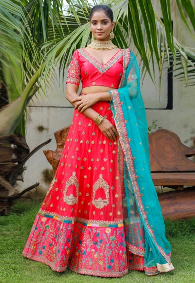 Net a line lehenga choli in Pink colour 1014