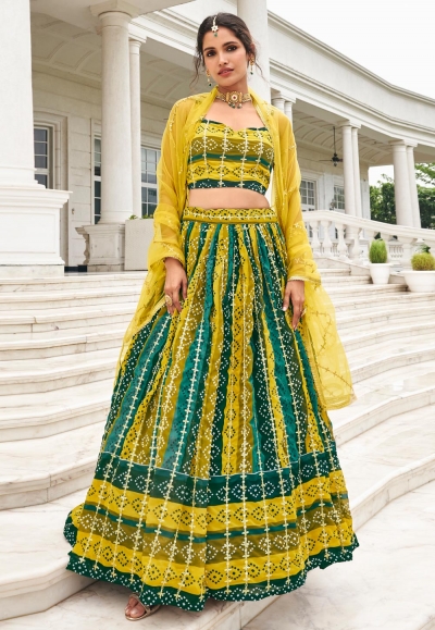 Faux georgette circular lehenga choli in Yellow colour 145